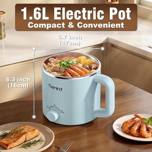 Topwit Hot Pot Electric, Electric Pot, 1.6L Ramen Cooker, Multifunctional Cooker for Pasta, Shabu-Shabu, Oatmeal, Soup and Egg with Over-Heating Protection, Boil Dry Protection, Blue thumbnail 2