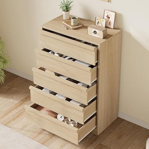 GarveeHome 5 Drawer Dresser for Bedroom, Modern 5 Chest of Drawers Tall with Large Drawers Storage, Wooden Dresser Organizer for Living Room, Nursery, Entryway - Natural thumbnail 3
