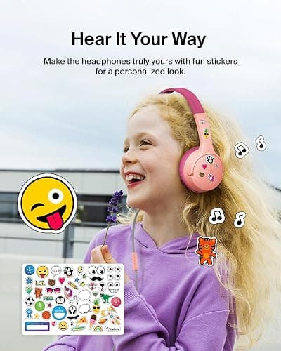 Belkin SoundForm Mini Kids Wired Headphones w/USB C to 3.5mm Dongle, Built-in Mic & Fun Stickers, 85dB Max Volume – for Online Learning, Travel, Compatible w/iPhone 16, iPad, Galaxy S25, etc - Pink thumbnail 7