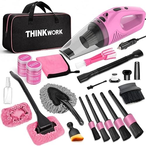 THINKWORK Car Cleaning Kit with Vacuum,Deep Cleaning for Interior Detailing | 7600PA High Power Corded Handheld Vacuum,Windshield Cleaner Tool, Detailing Brush Set,22Pcs Pink Accessories,Gift for Women - Image 1