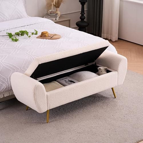 AIITTCC Storage Bench for Bedroom, 55" Extra Long Bench for King Size Bed, Modern Upholstered End of Bed Ottoman Bench with Arms for Entryway Living Room (Teddy, Ivory White) thumbnail 3