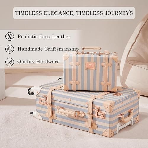 UNIWALKER Vintage Carry on Luggage Set, 2 Piece Retro Spinner Trunk Suitcase with Cosmetic Train Case for Women, 20"+12", Blue Strip thumbnail 3