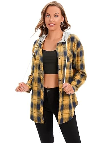 Women's Plaid Flannel Shirts Hoodie Long Sleeve Oversized Shirt Jacket Button Down Blouse Tops thumbnail 3