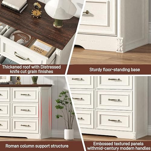 Farmhouse Wood 9 Drawer Dresser for Bedroom,Embossed Roman Column Wood Rustic 63 Inch Wide Dresser & Chest of Drawers with Rustic Handles,Tall Storage Organizer for Bedroom(Antique White) thumbnail 8