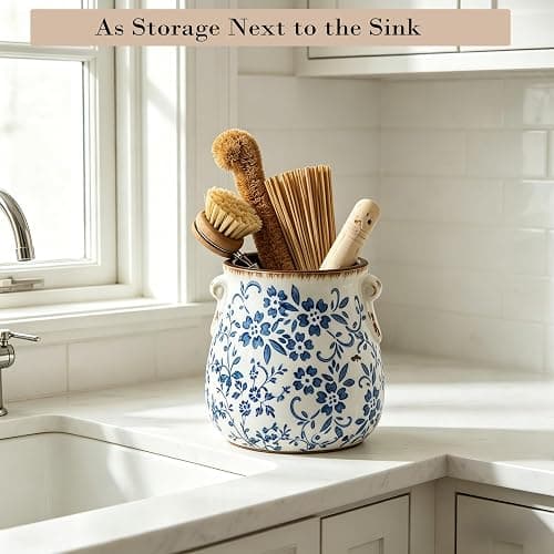 Utensil Holder for Kitchen Counter, Modern Farmhouse Rustic Cooking Utensil Holder and Crock, Exquisite Chinoiserie Floral Ceramic Utensil Organizer for Home Kitchen Decor- Blue and White Porcelain thumbnail 7