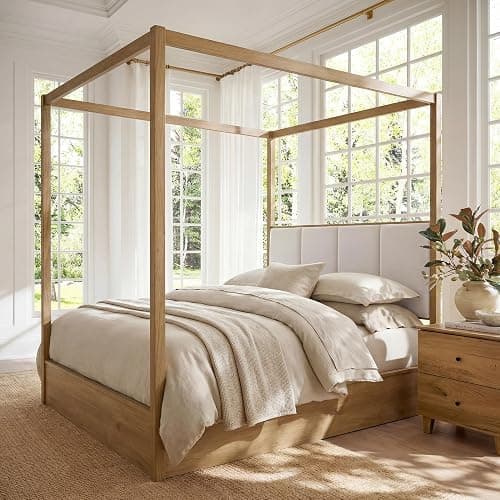 WAMPAT Wood Canopy Bed Frame Queen Size, Oak Bed w/Solid Wood Posters | Modern Wooden Bed Frame w/ 12 Slats & Support Legs, 800 lbs Capacity, No Box Spring Needed, Upholstered Headboard for Bedroom - Image 1