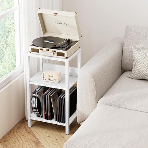 TUTOTAK Record Player Stand with Storage Up to 100 Albums,Record Storage Table,3 Tier End Table,Side Table for Living Room, Bedroom, White TB01BW075 thumbnail 2