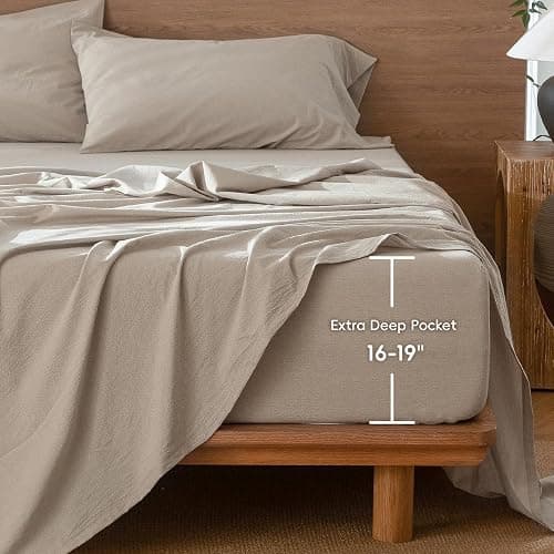 MOOMEE Fitted Sheet 100% Washed Cotton Linen-Like Extra Deep Pocket Queen | Relaxed Linen-like Texture. Soft, Breathable & Lightweight Comfort. 15-19" Extra Deep Pocket with All-around Elastic thumbnail 3