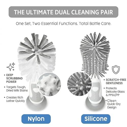 Ariseno 5-in-1 Baby Bottle Cleaner Set, Including Nylon & Silicone Bottle Brush, Cap, Straw & Nipple Brushes, BPA-Free (Grey) thumbnail 3