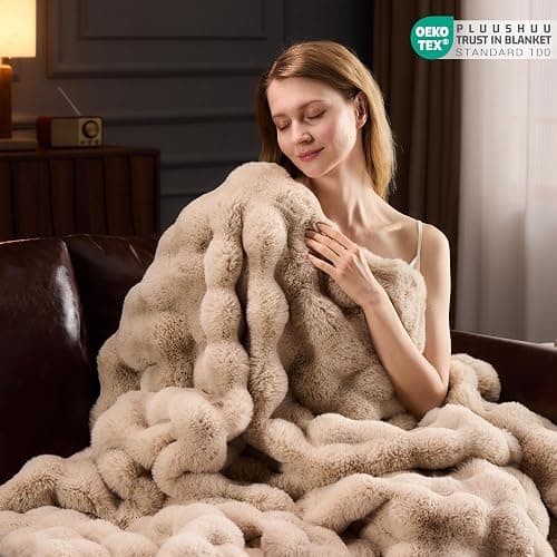 PLUUSHUU Faux Fur Throw Blanket for Couch, Fluffy Fuzzy Plush Bubble Blanket, Soft Warm Cozy Shaggy Rabbit Blanket, Luxury Decorative Gifts for Sofa Bedroom Living Room, 60x50inch (Naked Color) thumbnail 4