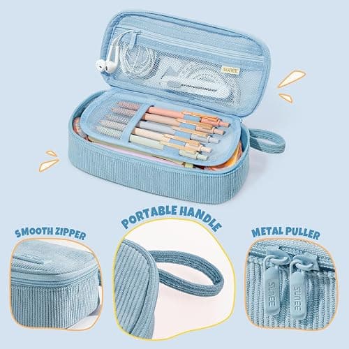 SUNEE Cute Pencil Case, Large Capacity Pencil Pouch Aesthetic Zipper Pencil Bag, Big Storage Pen Organizer for Stationery, Soft Corduroy Pencil Box Back to School Supplies for Teen Girls Boys, Blue thumbnail 7