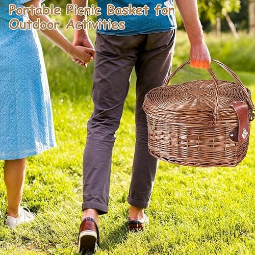 RORLAND Heart Shaped Picnic Basket Set 2 Person,Wicker Romantic Willow Woven Basket W/Tableware for Camping Indoor Outdoor Party,Couple Gift for Valentine's Day,Engagement,Wedding,Anniversary,Birthday thumbnail 2