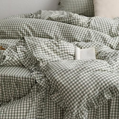 mixinni Green Ruffle Duvet Cover King Size 3 Pieces – 100% Washed Cotton, Vintage Plaid Ruffled Bedding Set with Zipper Ties, Soft Checkered Grid Farmhouse Chic Comforter Cover Set thumbnail 7