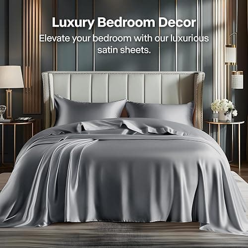 BEDELITE Satin Sheets Full Size Bed Set, Luxury Soft Dark Grey Silky Sheets for Hair and Skin, Similar to Silk Bed Sheets Set 4 Pieces with 1 Deep Pocket Fitted Sheet, 1 Flat Sheet, and 2 Pillowcases thumbnail 2
