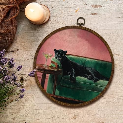 After the Ball Round Wall Art Decor,Vintage Artwork of Decadent Black Leopard on Sofa, Moody Style Antique Art Nouveau Canvas Print,Funny Animal Wall Hanging Deocr for Bedroom Living Room,10In (Black-Leopard) thumbnail 7