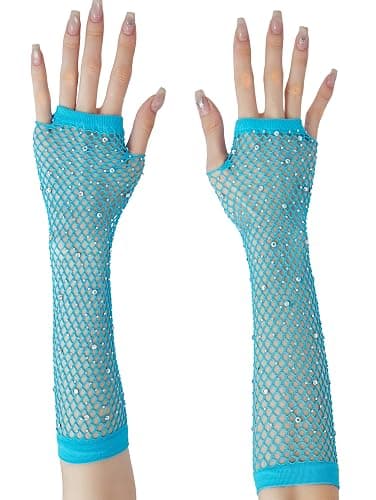 OTPEH Women Fishnet Rhinestone Gloves Fingerless Fish Net Arm Sleeve Warmers 80s Emo Scene Accessories thumbnail 2