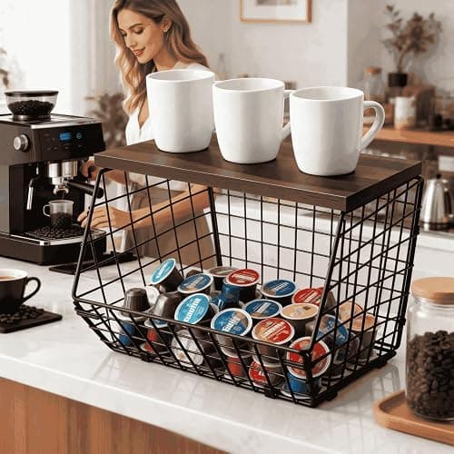 ArtHue Coffee Bar Organizer with Shelf , Large Capacity Black Wire K Cup and Espresso Organizer , Coffee Station Organizer for Countertop ,Hanging Basket for Kitchen Fruit Snack Mug Sugar Storage thumbnail 2