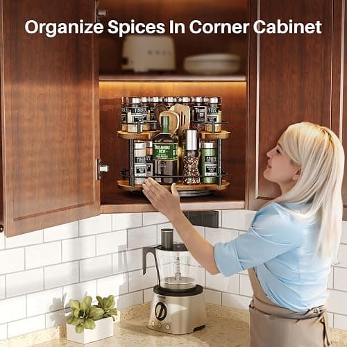 Lazy Susan Organizer Spice Rack - Spice Organization for Cabinet Height Adjustable Rotating Lazy Turntable, Pantry Kitchen Wood Revolving Seasoning Organizer (12 Inch) thumbnail 2