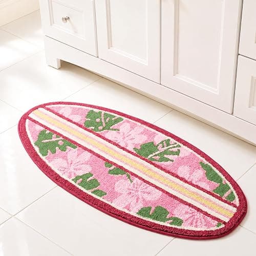 Dunzy Pink Hibiscus Bathroom Rug Cute Surfboard Shaped Bath Mat Non-Slip Flocking Bathtub Rug for Tropical Living Room Bedroom Decor thumbnail 3