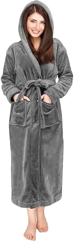 NY Threads Womens Fleece Hooded Bathrobe Plush Long Spa Robe - Large (Pack of 1) - Steel Grey - Image 1