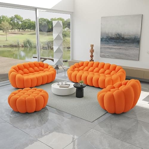 JACH Bubble Sofa Curved Couch Set, Comfy Upholstered Sofa, Mesh Fabric 3D Honeycomb Shape Modern Couches for Living Room, Apartment (Orange, 1 Seater, 2 Seater, 3 Seater, Ottoman) - 1+2+3 Seater & Ottoman - Orange - Image 1