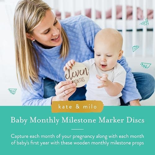 Kate & Milo Baby Monthly Milestone Marker Discs - Classic Cursive Script Wooden Discs with Reversible Photo Props for Baby Announcement and Milestones, Gender-Neutral Gift for Newborn Boy and Girl thumbnail 4