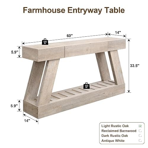 60" Farmhouse Entryway Table, Console Table with Drawer, Narrow Long Wood Sofa Table for Living Room, Wooden Hallway Foyer Table with Heavy Duty Base, Entry Table for Entrance(Light Rustic Oak) thumbnail 2