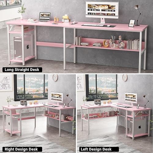Unikito Reversible L Shaped Desk with Magic Power Outlets and USB Charging Ports, Sturdy Corner Computer Desk with Storage Shelves, Gaming Table Home Office Desk, Easy to Assemble, Pink thumbnail 6
