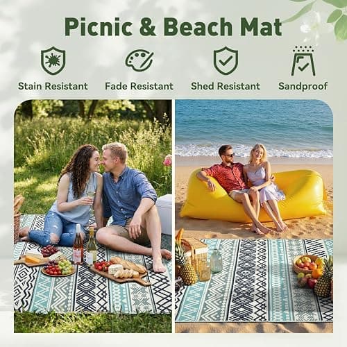 MontVoo Outdoor Rug Carpet Waterproof-Patio Rug Mat 5x8 Reversible RV Outdoor Camping Rugs Picnic Beach Mats Plastic Straw Outside Rugs for Balcony Porch Pool Deck Boho Patio Decor thumbnail 5