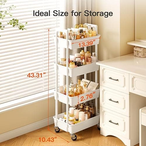 Pipishell 4 Tier Rolling Cart Organizer, Plastic Rolling Cart with Lockable Wheels & Reinforced Handle, Lightweight Utility Storage Cart for Nursery, Kitchen, Craft Room, White thumbnail 5