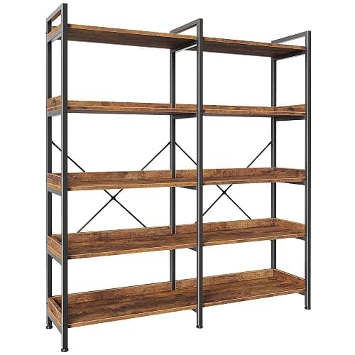 Huuger 5 Tier Bookshelf, Display Bookshelf with 10 Open Shelves and Raised Baffle, 47.2 Inch Straight Wide Bookcase with Metal Frame and Wooden Board, Adjustable Feet, Rustic Brown - Image 1