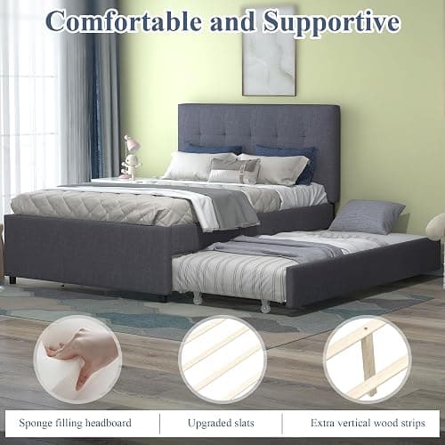 civama Full Bed with Trundle, Upholstered Full Over Twin Pull Out Platform Bed with Soft Linen Headboard & Wooden Slat Support for Bedroom Apartment, No Box Spring Needed, Grey thumbnail 6