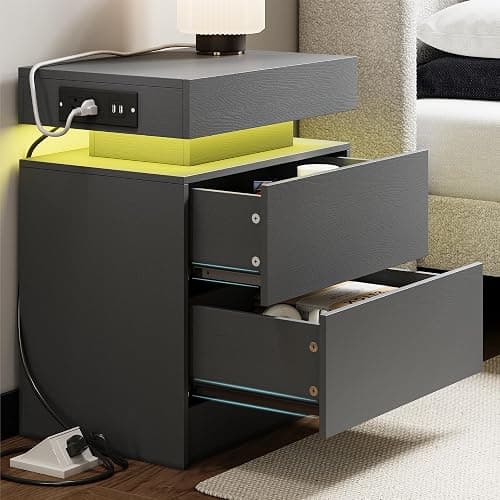 LIKIMIO Night Stand with Charging Station, Modern Grey Nightstand with LED Light and Drawers, Bedside Tables/End Table for Bedroom thumbnail 6