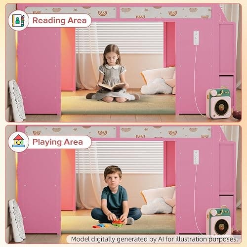 BYSAUD Full Low Loft Bed with 5 Storage Drawers and 6 Bookcases, Pink | Metal Loft Bed for Kids with LED Lights & Charging Station, 15" Safety Guardrail & Ladder, Under-Bed Play Space thumbnail 7