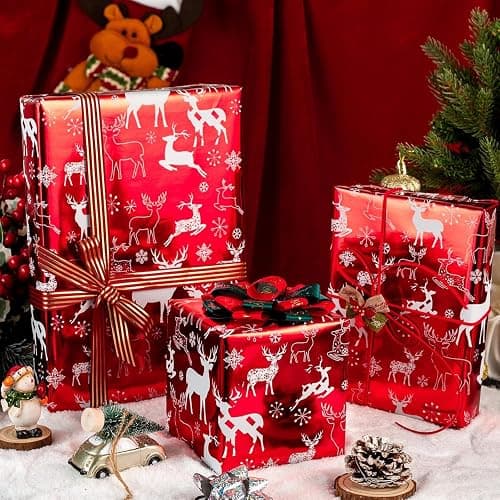Merture Reindeer Red Christmas Wrapping Paper Roll, Metallic Red Solid Color Gift Wrap for Christmas Wedding New Year Birthday Valentines Day Mothers Day Baby Shower - Mini Roll - 17 In X 32.8 Ft(46.5 sqft) thumbnail 2
