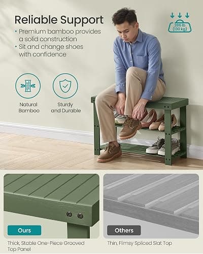SONGMICS Shoe Rack Bench, 3-Tier Bamboo Shoe Storage Organizer, Entryway Bench, Holds Up to 286 lb, 11.3 x 27.6 x 17.8 Inches, for Entryway Bathroom Bedroom, Forest Green ULBS004C01 - 27.6"W - Forest Green thumbnail 4