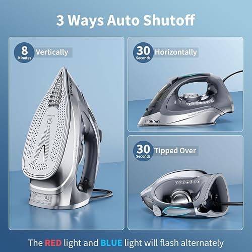 IRONDAY Steam Iron for Clothes Rapid Heating, 1700W Iron Burst of Steam, Non-Stick Ceramic Soleplate, Auto shutoff, Anti-Drip, Self-Cleaning, 10.14oz Water Tank Ironing Clothes for All Fabrics, Grey thumbnail 6
