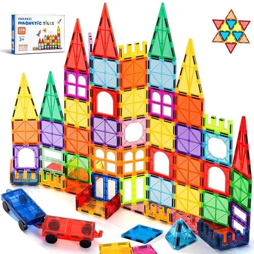 Magnetic Tiles, 135PCS Magnetic Building Blocks with 2 Cars, Large Magnet Building Set,STEM Sensory Educational Toys Gift for Toddlers Kids Boys Girls. - Image 1