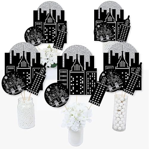 Nighttime City Skyline Party Centerpiece Sticks - Table Toppers - 15pc | Black & Silver Table Decorations, 3 Unique Cityscape Themed Shapes, Sticks and Stickers Included, USA-made thumbnail 2