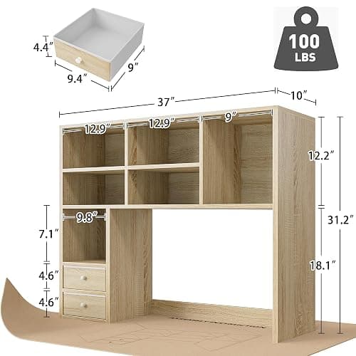 REIBII Desktop Bookshelf, High-Capacity Desk Hutch Organizer with 7 Shelves and 2 Drawers, Adjustable Bookshelf Storage, Desk Shelf for Top of Desk, Desk Hutch Dorm, Natural thumbnail 2