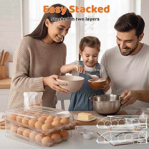 SMRCAD Egg Holder for Fridge, Automatic Steady Rolling Egg Dispenser with Silicone Bumpers & Handle for Refrigerator, Large Capacity Egg Organizer with Lid thumbnail 2