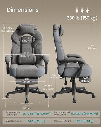 SONGMICS Gaming Chair, Office Computer Chair, Ergonomic Design, with Footrest, Adjustable Headrest, Lumbar Support, 150 kg Load Capacity, Slate Grey OBG077G01 thumbnail 2