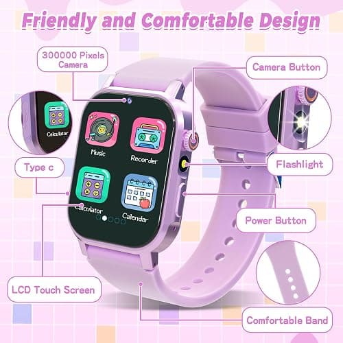 Phyulls Kids Smart Watches Girls with 32 Puzzle Games, HD Camera, Pedometer | 1.69" TouchScreen Watch for Kids, Alarm, Music, Audiobooks, Flashlight,12/24 Hr, Birthday Gifts for Girls Ages 5-12, Purple thumbnail 7