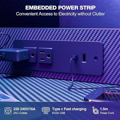 Grandder Gaming Desk 47 Inch with Power Outlet and LED Light, Computer Desk with Reversible Shelves and Storage Drawer, Pc Small Desk for Home Office Table with Bag, Carbon Fiber Black thumbnail 7