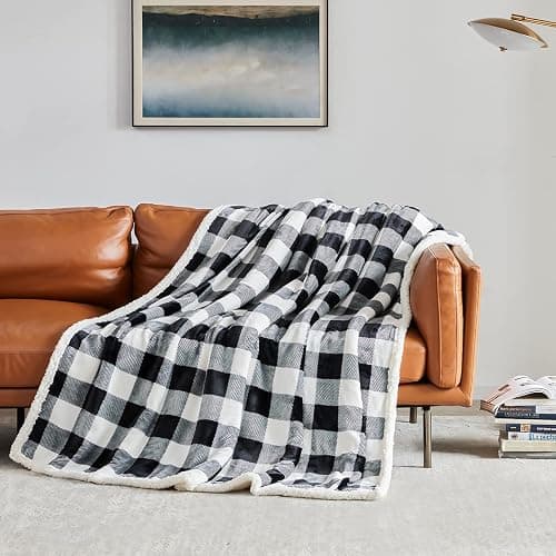 Touchat Sherpa Plaid Twin Blanket 60" X 70", Fuzzy Fluffy Soft Cozy Throw Blanket, Twin Size Plush Fleece Flannel Plush Microfiber Blanket for Couch Bed Sofa (Black) thumbnail 6