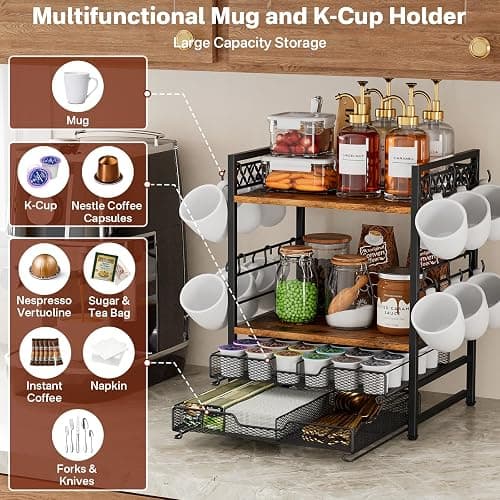 Plaviya Coffee Bar Organizer Coffee Station K Cup Holder for Countertop | 30 Coffee Pods Organizer, Mug Holder with 12 Hooks, 2 Drawers, Multifunctional, Kitchen, Dining Room, Office, Rustic Brown thumbnail 4
