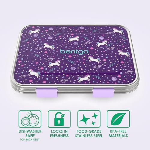 Bentgo Kids Stainless Steel Prints Leak-Resistant Lunch Box - 3-Compartments with Bonus Silicone Container, Durable, Eco-Friendly, Dishwasher Safe, BPA-Free, Ideal for School, Ages 3+ (Unicorn) thumbnail 5