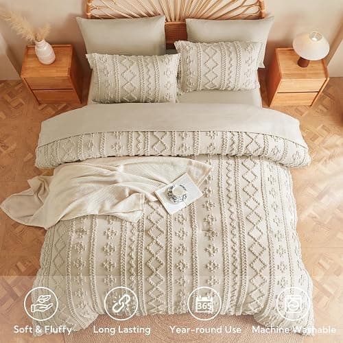 MR&HM Tufted Boho Comforter Set Queen, Linen Farmhouse Bedding Set, Bed in a Bag Set 7 Pieces with 1 Comforter, 2 Pillow Shams, 2 Pillowcases, 1 Flat Sheet, 1 Fitted Sheet for All Seasons thumbnail 2