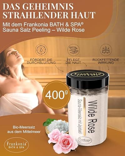 Frankonia BATH & SPA Sauna Salz Peeling Wilde Rose – 400 g Meersalz-Körperpeeling mit Jojobaöl & Vitamin E – Dusch- & Body Scrub für alle Hauttypen – Vegan & ohne Parabene – ohne Microplastik thumbnail 2
