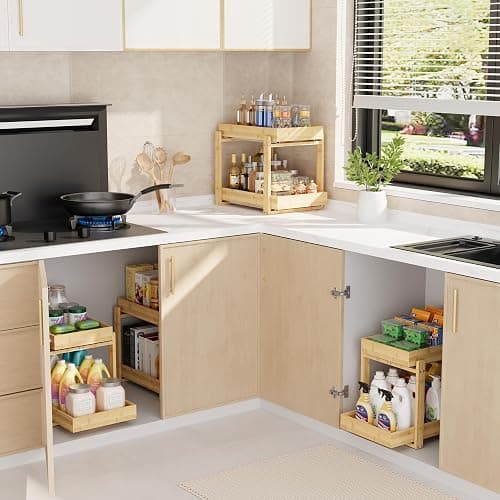 LONTAI Bamboo Wood Under Sink Organizer 2 Pack, Pull Out Cabinet Organizer 2 Tier Under Sink Organizers and Storage with Sliding Drawer Sturdy Easy Assembly for Kitchen Bathroom Undersink, Natural thumbnail 4